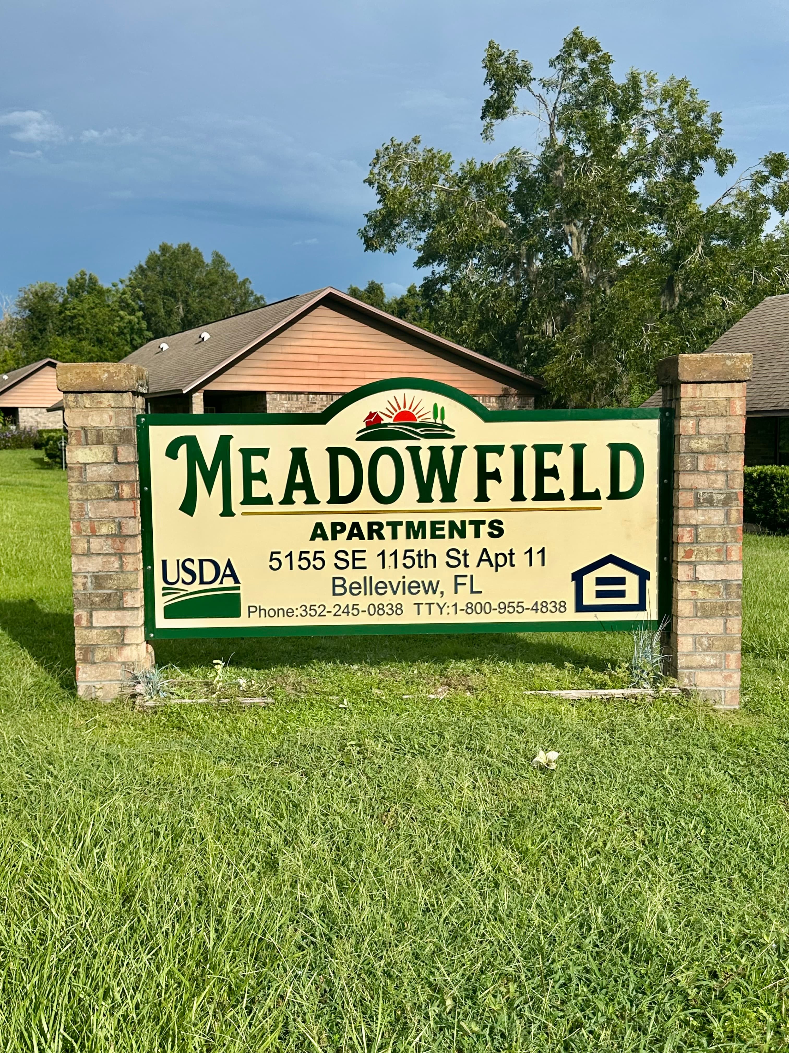 MeadowField apartments monument sign, CNC-routed dimensional signage Gainesville FL