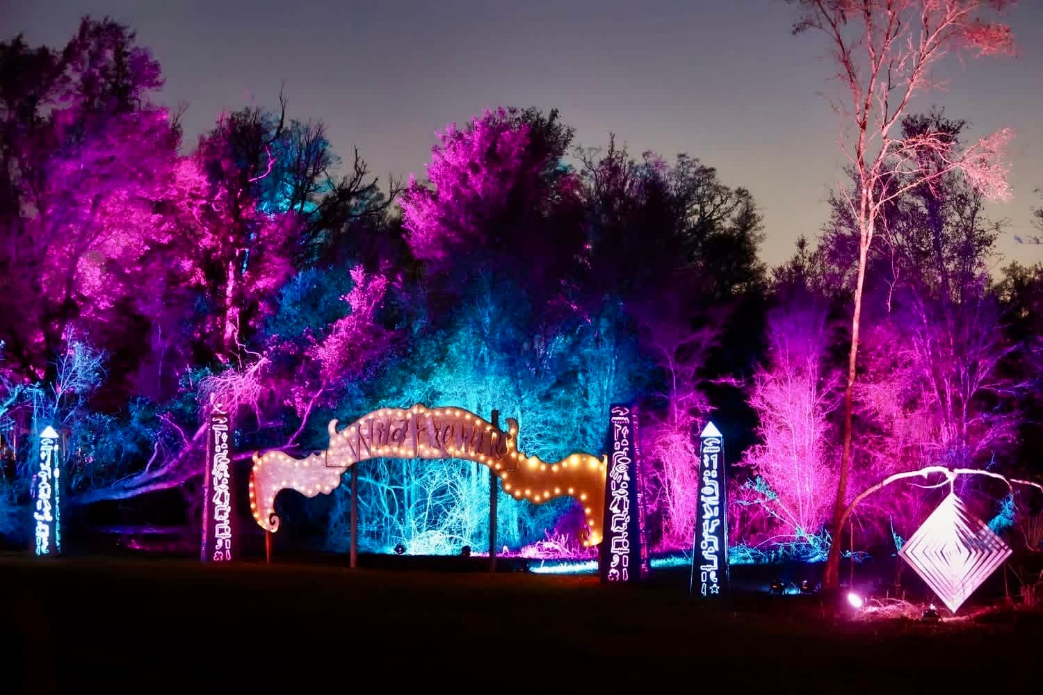 Illuminated cut-panel entry arch outlined in bulbs beside painted totem markers under magenta and cyan uplit trees